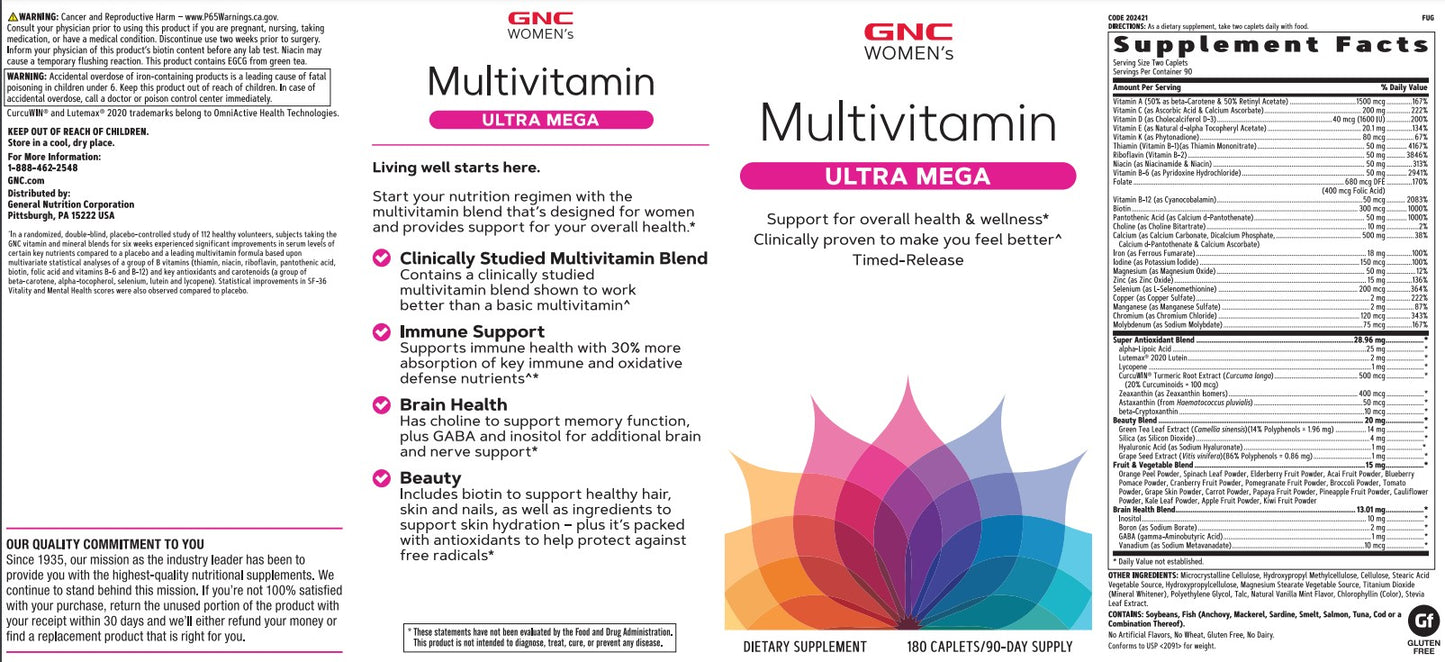 GNC Ultra Mega Women's Multivitamin 180 Time-release Caplets