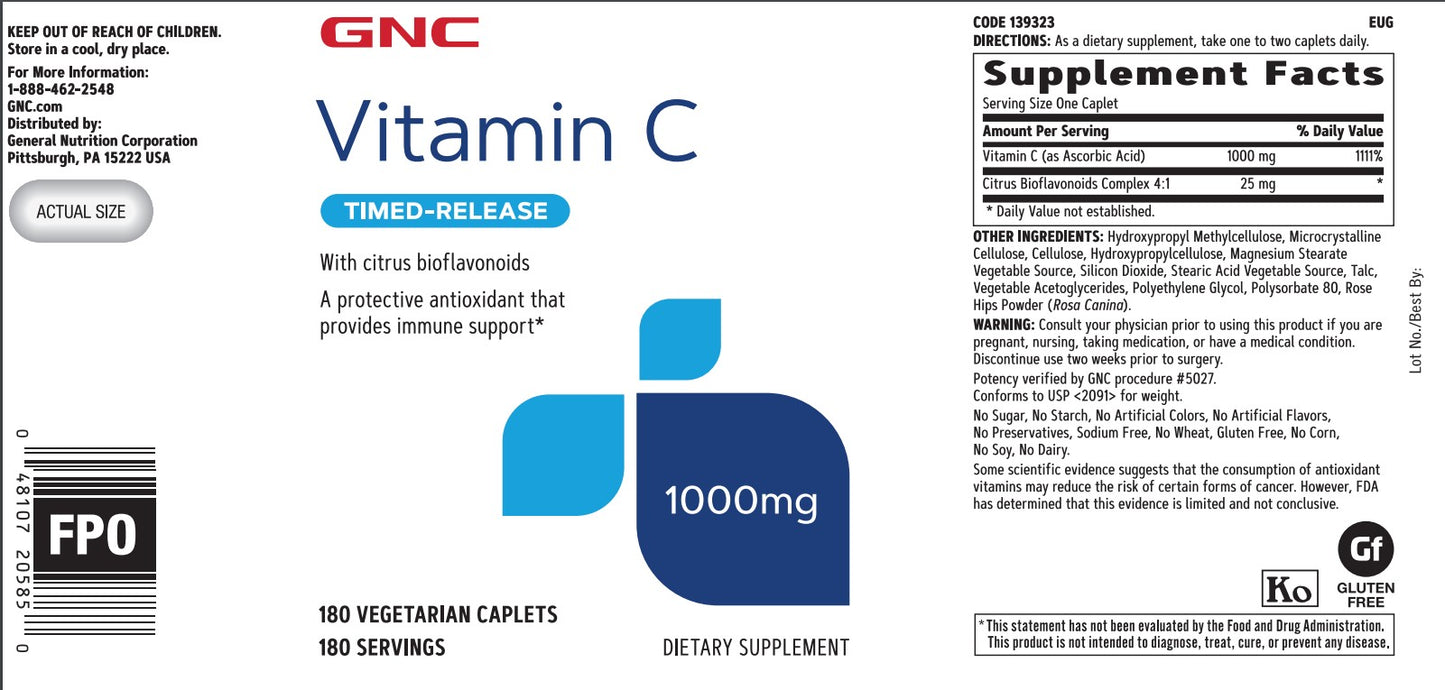 GNC Vitamin C Timed-Release Caplets 1000 Mg 180 Vegetarian Caplets