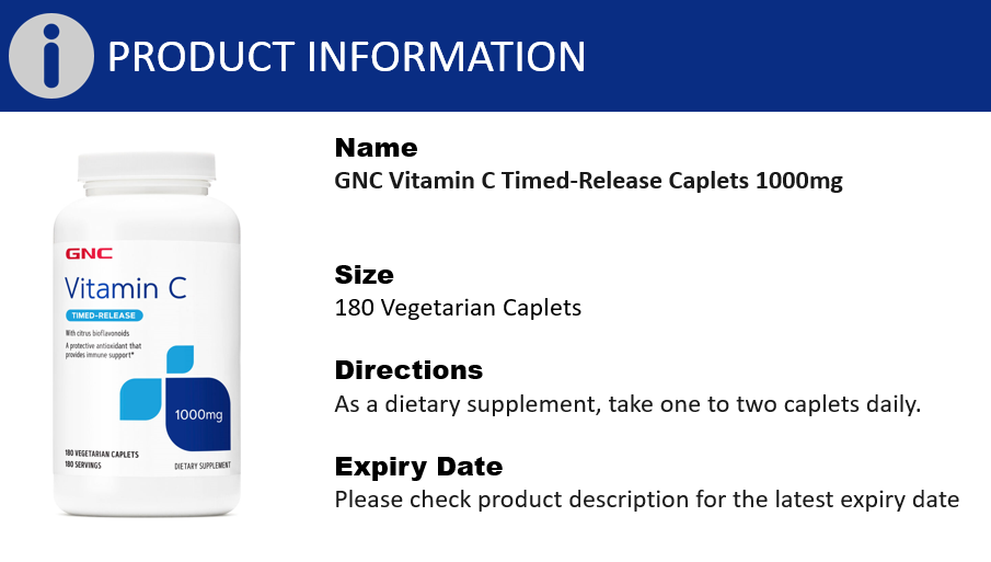 GNC Vitamin C Timed-Release Caplets 1000 Mg 180 Vegetarian Caplets