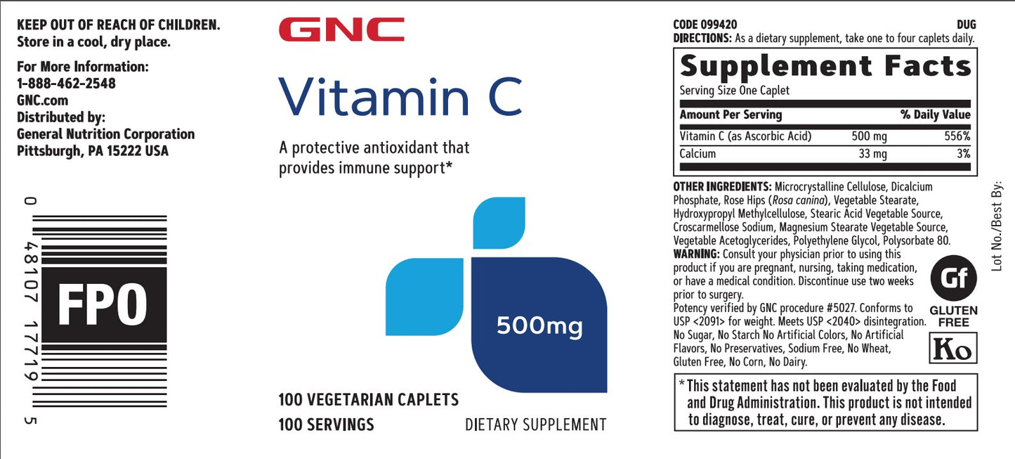 GNC Vitamin C 500 Mg 100 Vegetarian Caplets