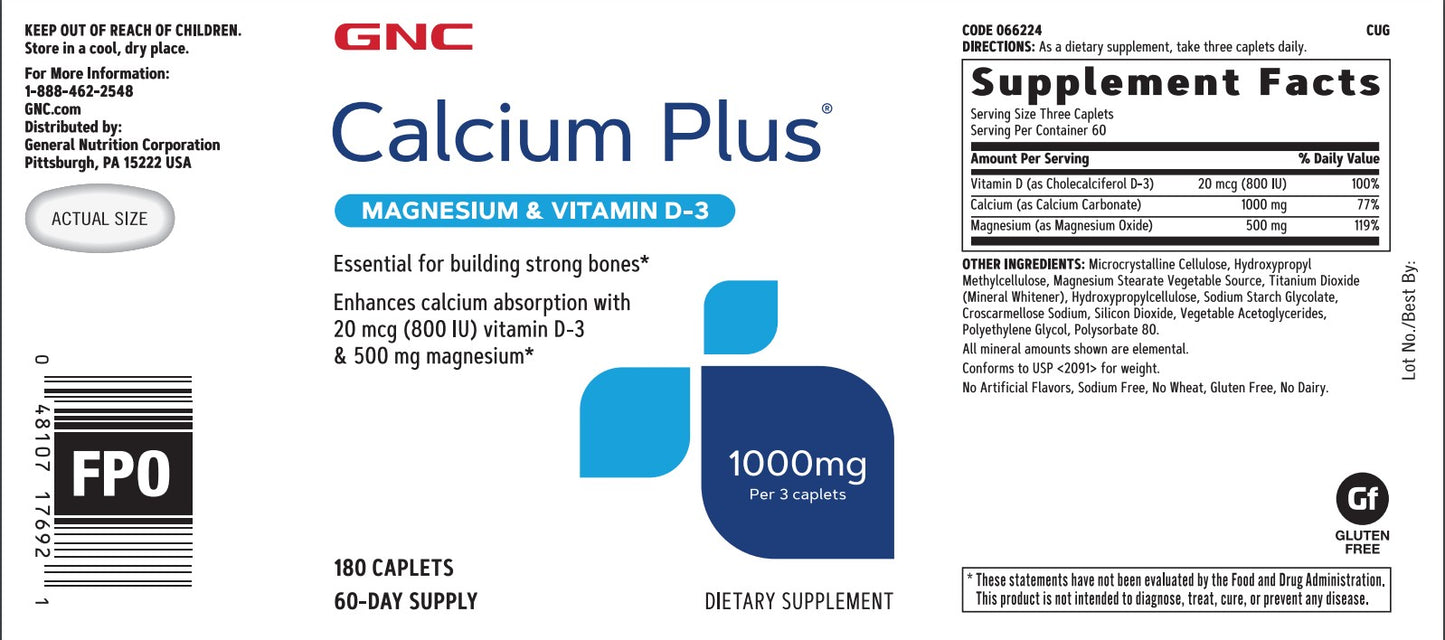 GNC Calcium Plus Magnesium & Vitamin D-3 1000 Mg 180 Caplets