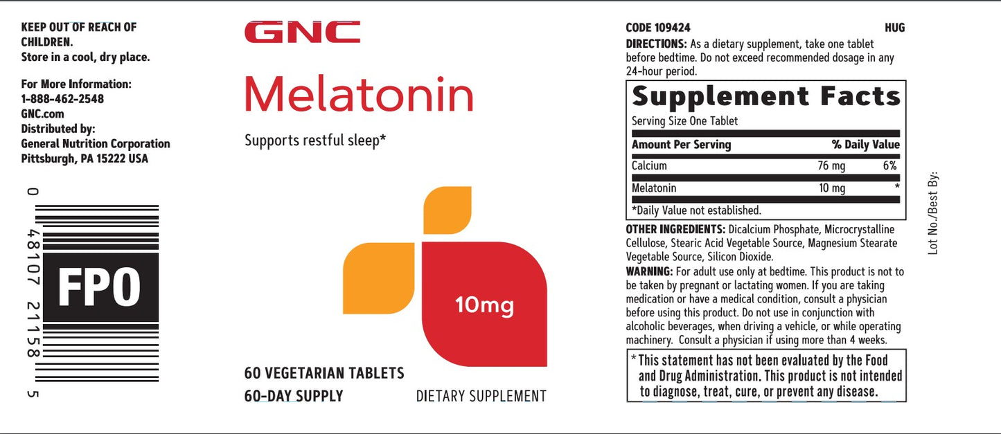 GNC Melatonin 10 Mg 60 Vegetarian Tablets