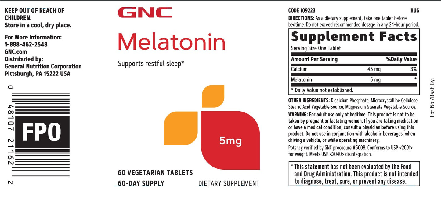 GNC Melatonin 5 Mg 60 Vegetarian Tablets