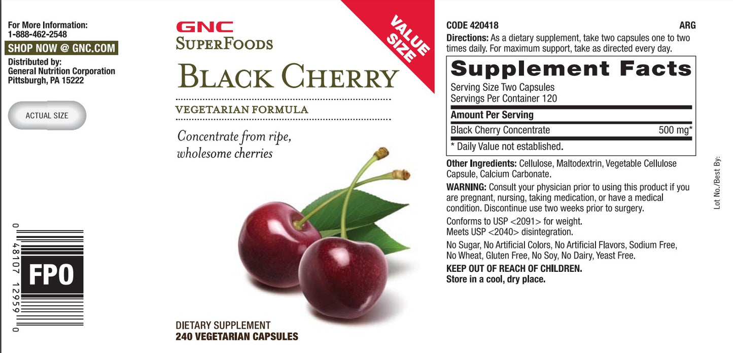 GNC SuperFoods Black Cherry VALUE SIZE 240 Capsules