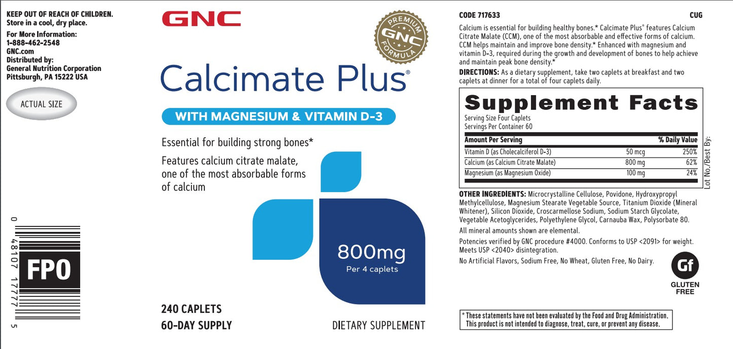 GNC Calcimate Plus with Magnesium & Vitamin D3 240 Caplets [Most Absorbable Calcium Citrate Malate]