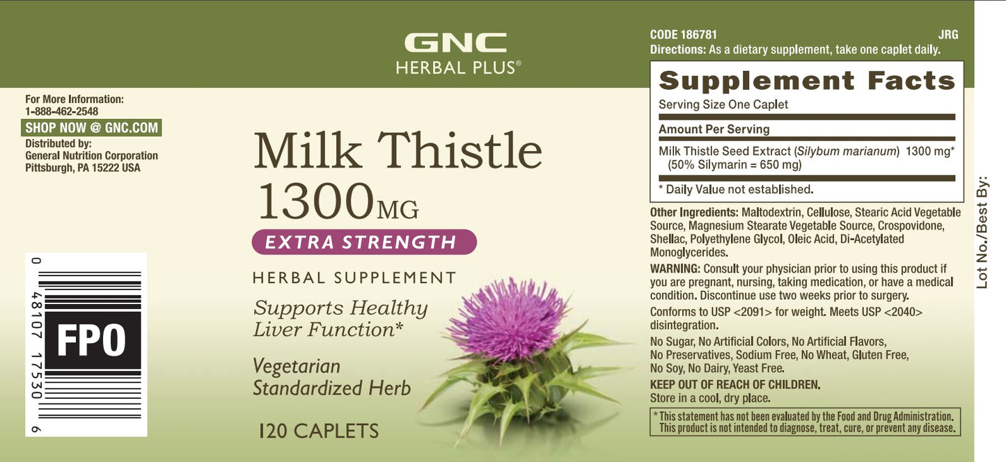 GNC Herbal Plus Milk Thistle 1300 Mg 120 Caplets