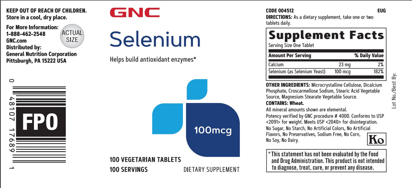 GNC Selenium 100 mcg 100 Vegetarian Tablets for Thyroid, Heart, Prostate Health