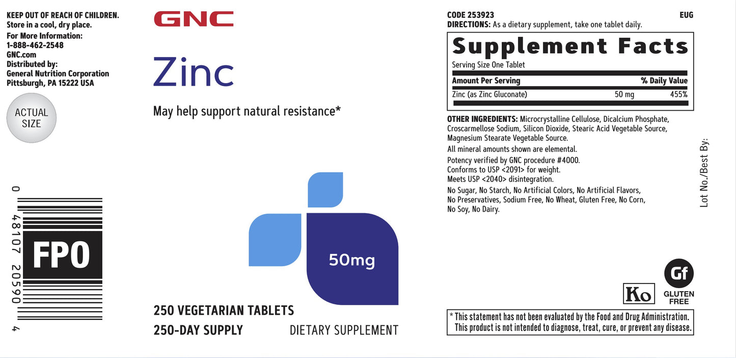 GNC Zinc 50 Mg 250 Vegetarian Tablets