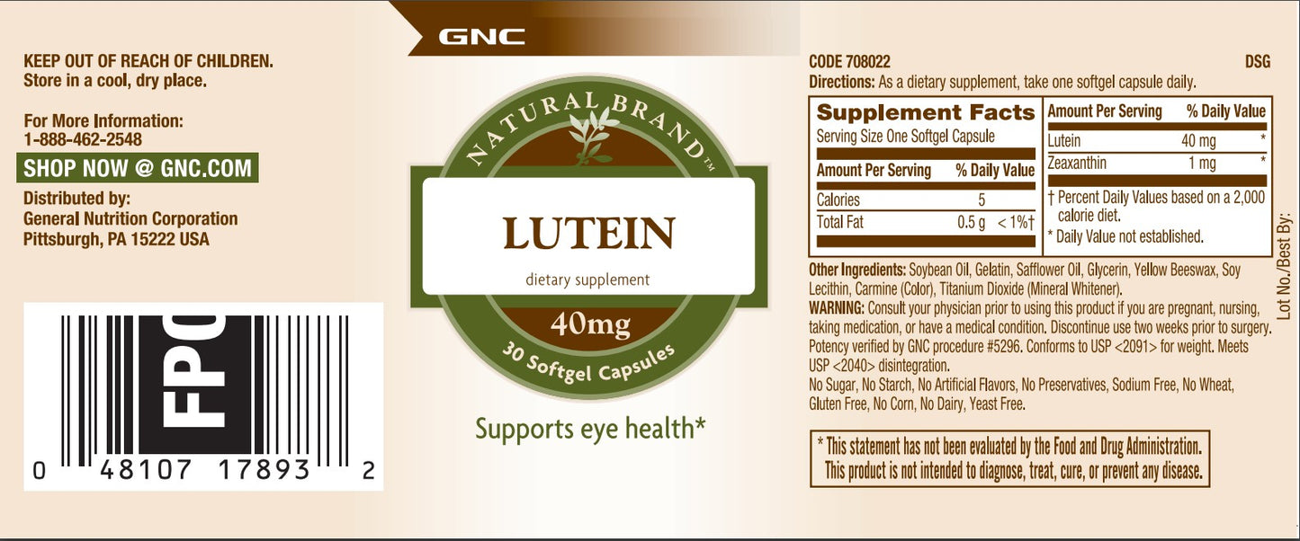 GNC Natural Brand Lutein 40 Mg 30 Softgels