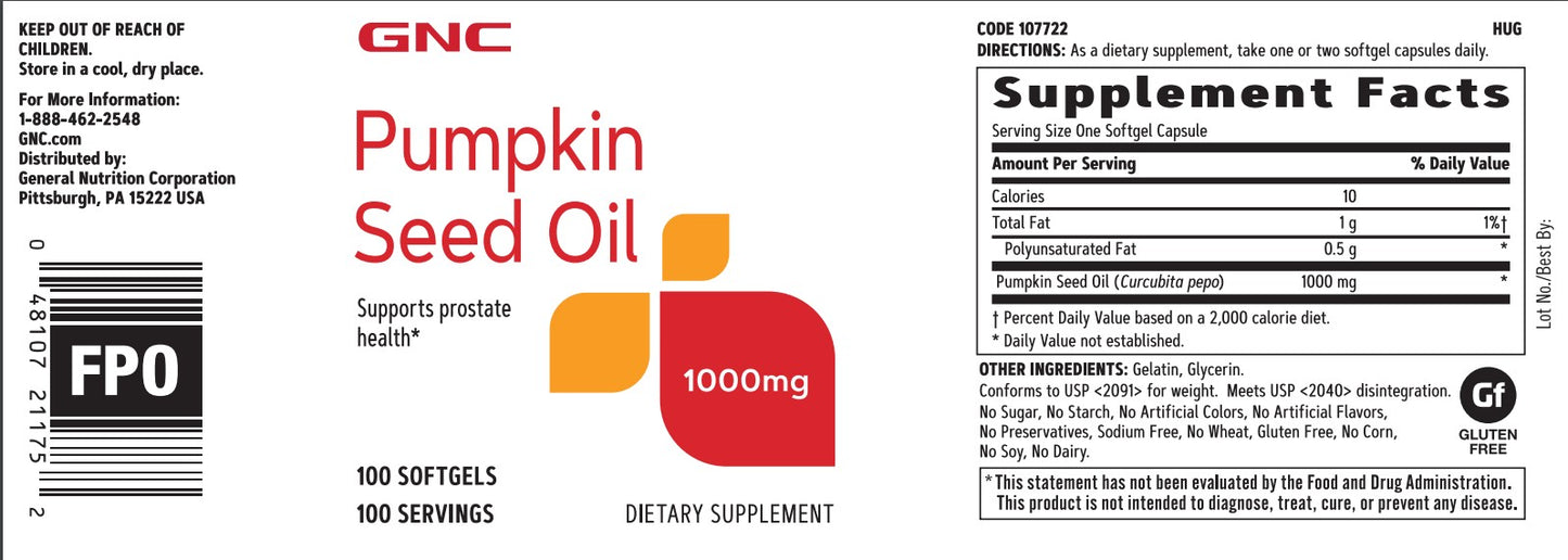 GNC Pumpkin Seed Oil 1000 Mg 100 Softgels