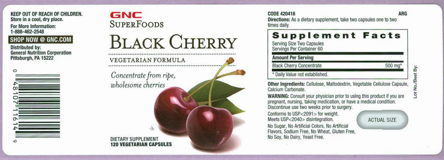 GNC Superfoods Black Cherry 120 Vegetarian Capsules [Lower Uric Acid Level Gout Joint Pain]