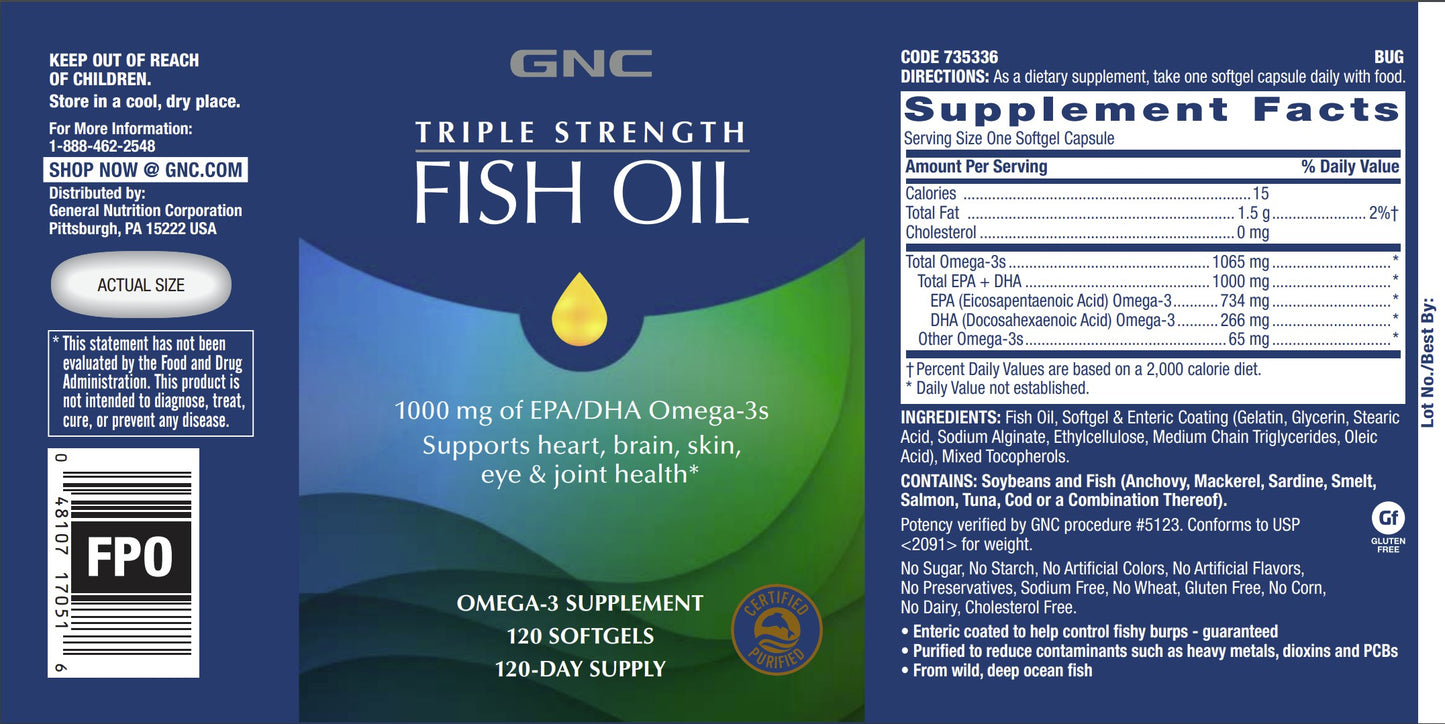 GNC Triple Strength Fish Oil 120 Softgels [Heart Brain Eye Joint Health] [Top Seller]