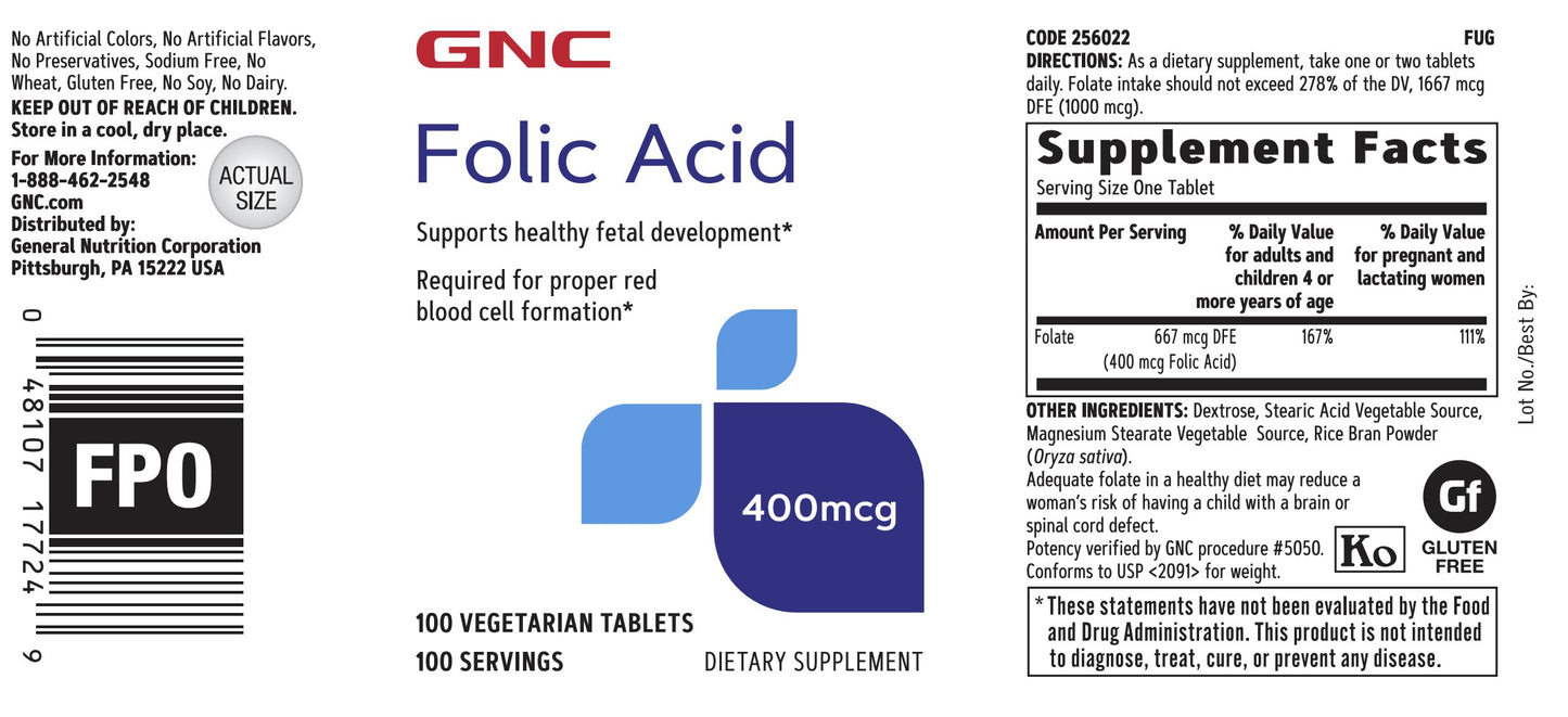 GNC Folic Acid 400 Mcg 100 Vegetarian Tablets