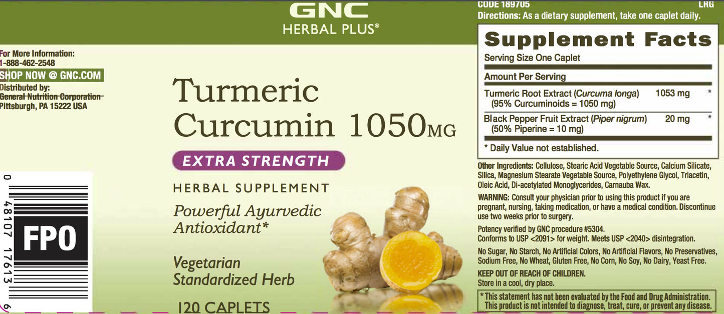 GNC Herbal Plus Turmeric Curcumin 1000 Mg Extra Strength 120 Vegetarian Caplets