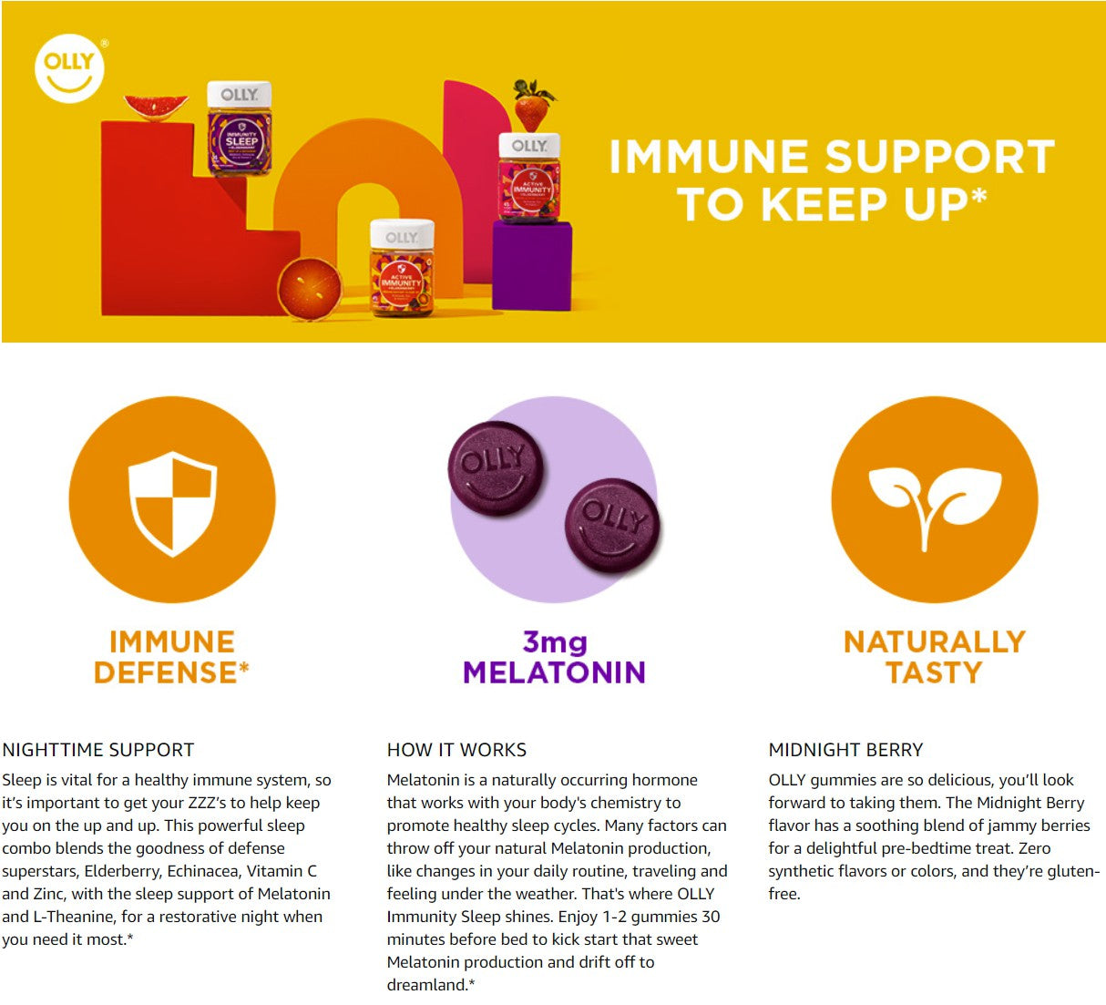 OLLY Immunity Sleep 36 Gummies Immune & Sleep Support, 3mg Melatonin, Echinacea, Zinc, Vitamin C