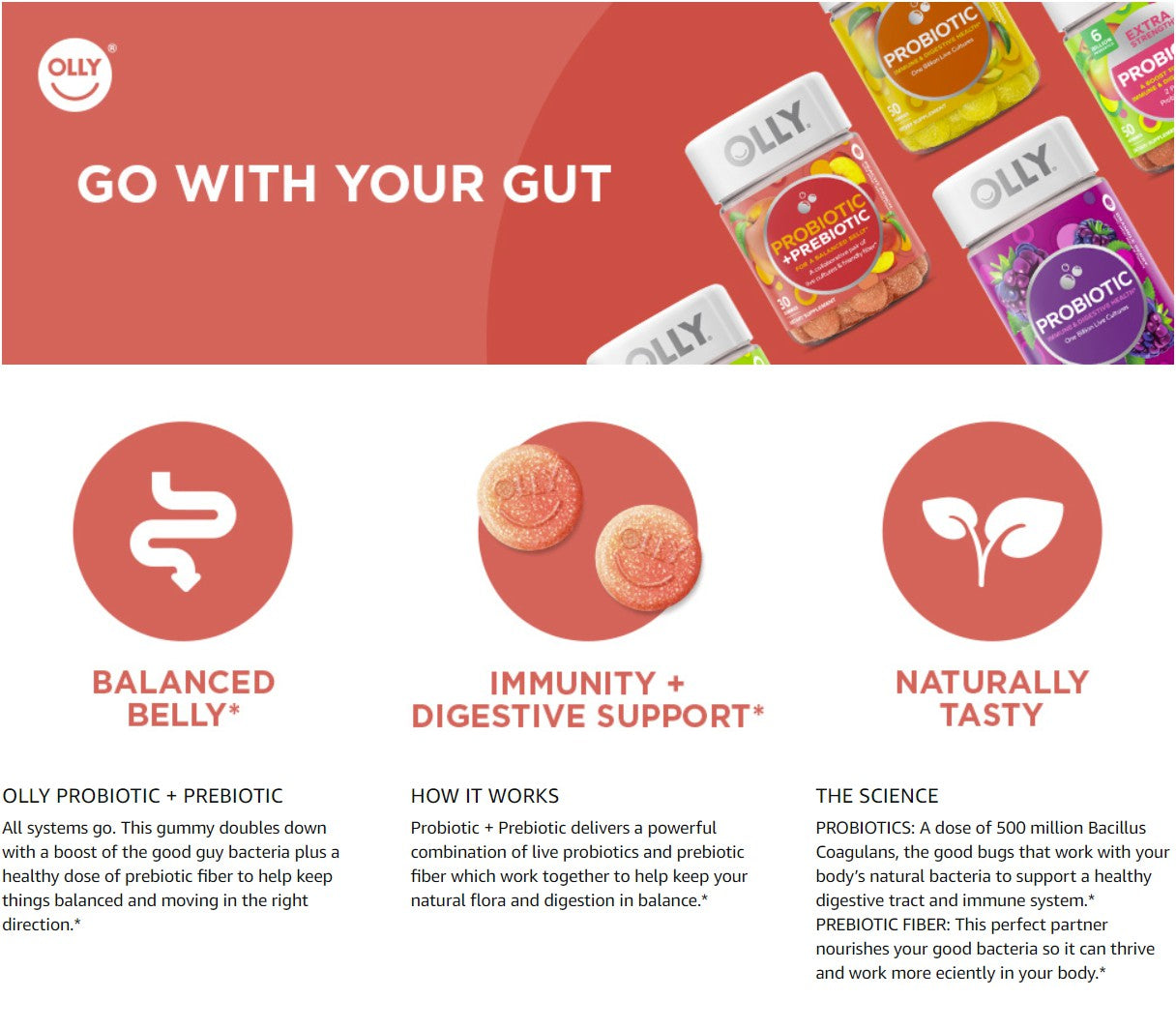 OLLY Probiotic + Prebiotic 30 Gummies Digestive Support Gut Health Balanced Belly 500 M CFUs Fiber