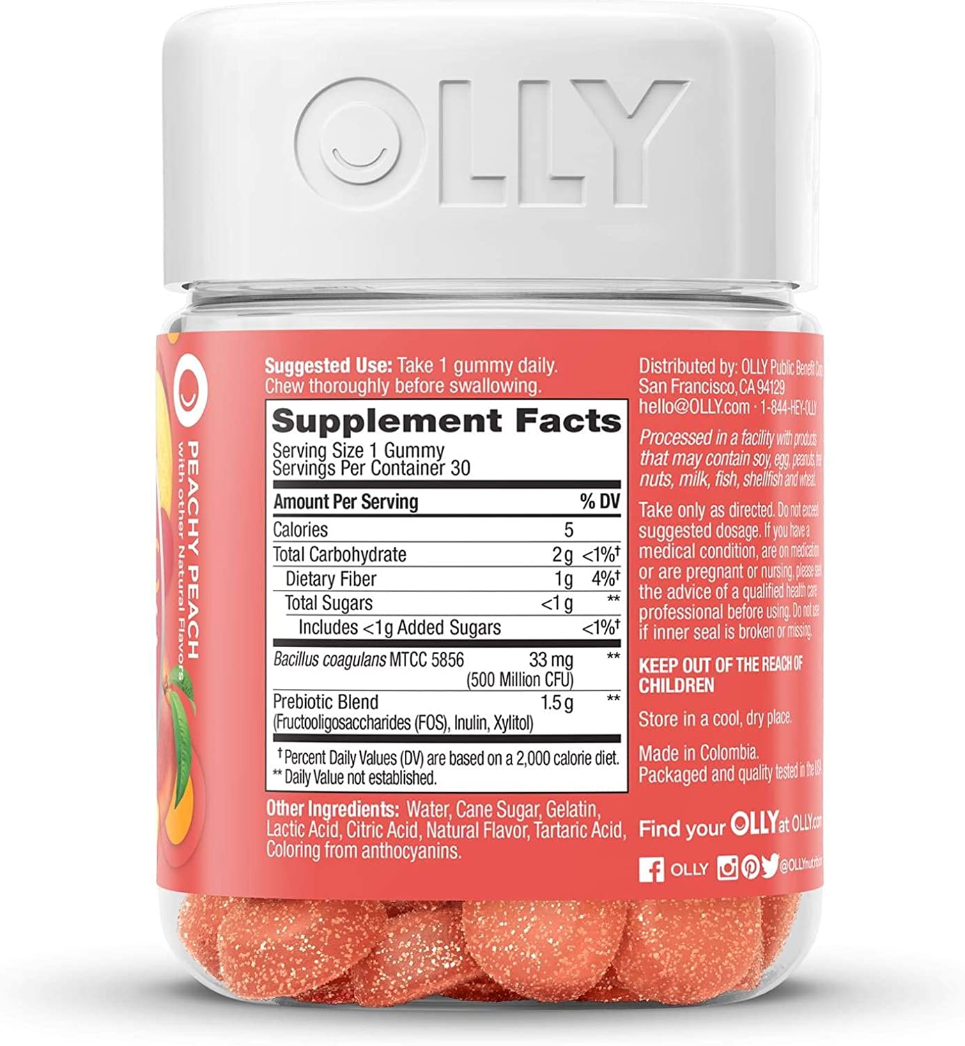 OLLY Probiotic + Prebiotic 30 Gummies Digestive Support Gut Health Balanced Belly 500 M CFUs Fiber