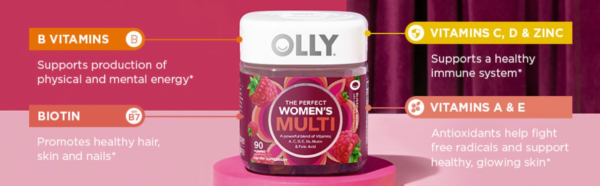 OLLY Women's Multivitamin 90 Gummies Overall Health and Immune Support Vitamins Biotin, Folic Acid