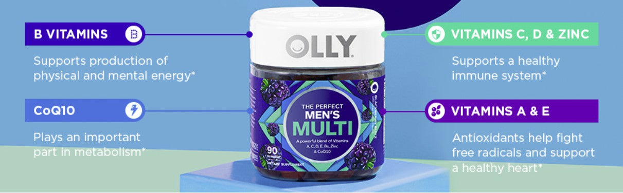 OLLY Men's Multivitamin 90 Gummies Overall Health and Immune Support Vitamins Lycopene Zinc