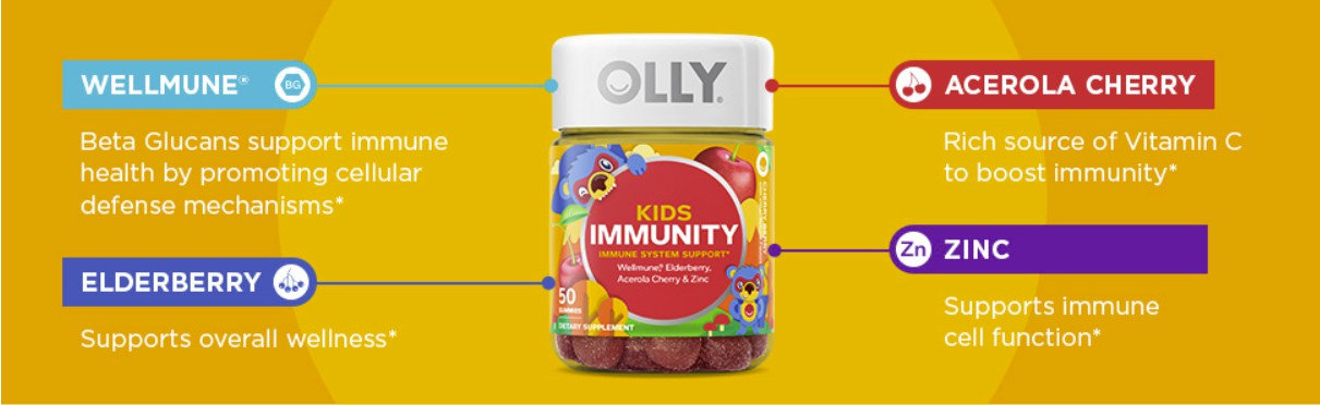 OLLY Kids Immunity 50 Gummies Vitamins With Elderberry, Vitamin C, Zinc Boost Immune System