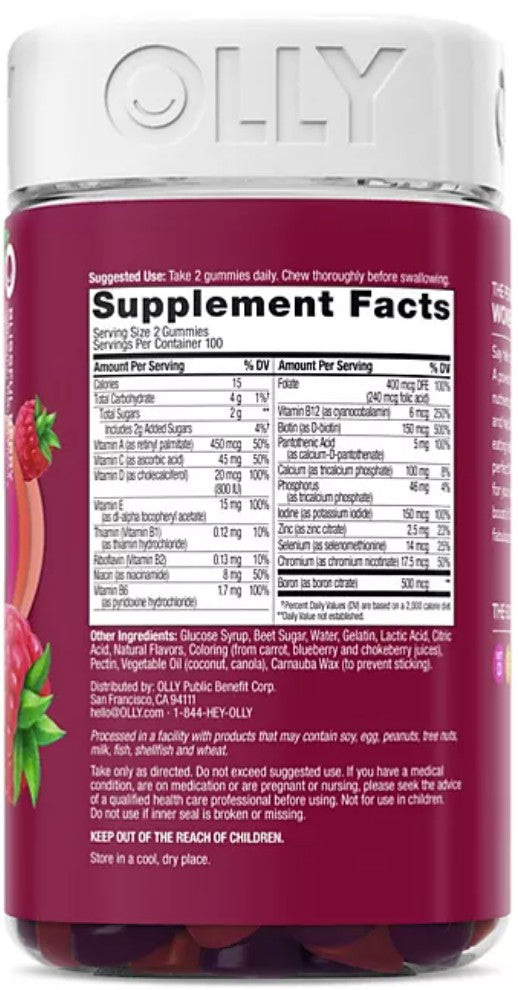 OLLY Women's Multivitamin 200 Gummies Overall Health and Immune Support Vitamins Biotin, Folic Acid