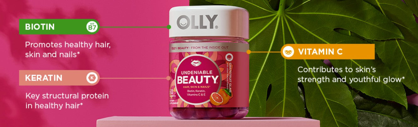 OLLY Undeniable Beauty 60 Gummies Biotin Vitamin C Keratin Grapefruit [Hair Skin Nails]